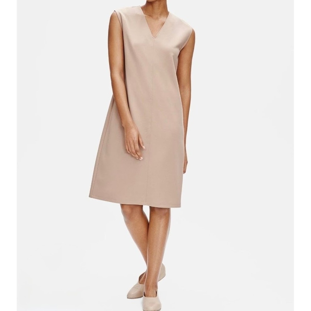 Eileen Fisher Size‎ XXS Flex Tencel Ponte V-Neck Dress Sleeveless Tan Minimalist